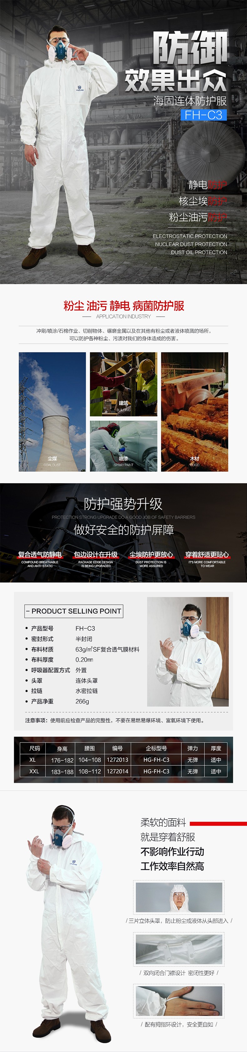 海固FH-C3優越連體防護服 連體防粉塵、油污、靜電、病菌防護服圖片1