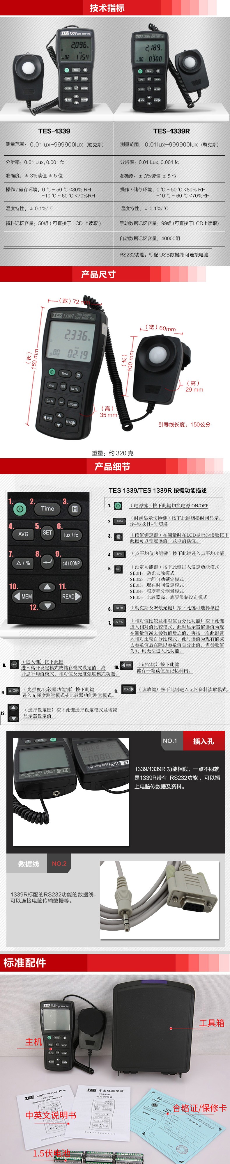 臺(tái)灣泰仕TES-1339R專(zhuān)業(yè)級(jí)照度計(jì)RS-232圖片2