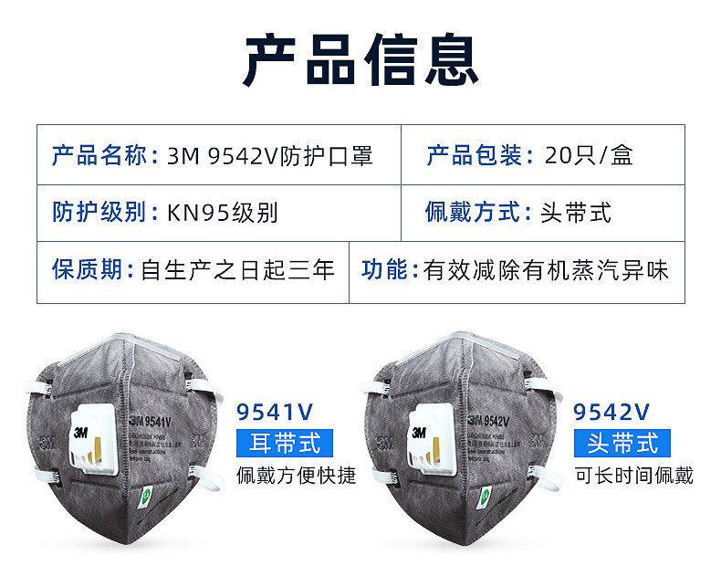 3M9542V活性炭KN95防毒口罩專業級呼吸防護口罩